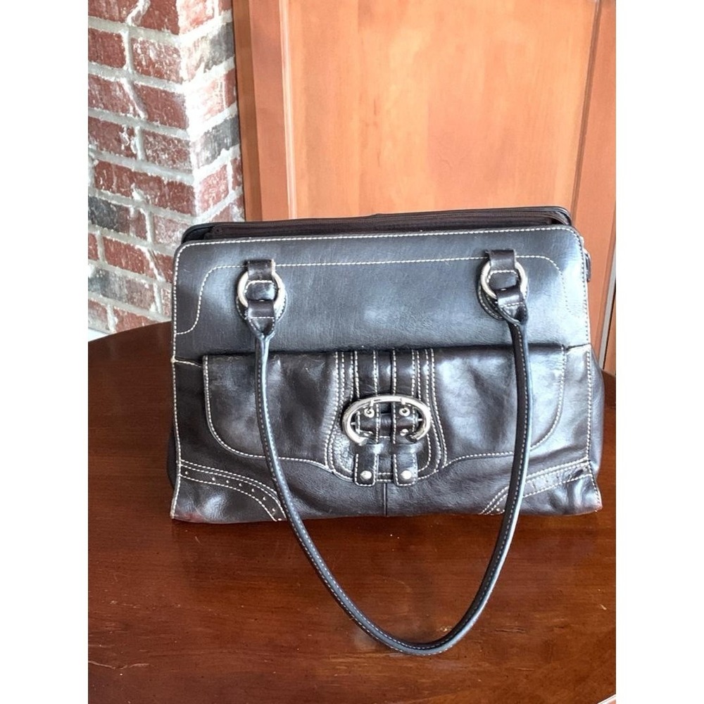 Wilsons Leather Black Womens Purse Satchel‎ Tote White Stitching